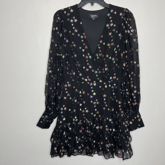 YUMI KIM Scarlett Dress Womens 6 Black Metallic Star Mini Long Sleeve Runs Small - Picture 2 of 12
